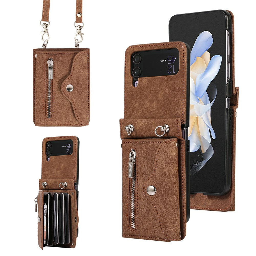 For Samsung Galaxy Z Flip4 5G Case PU Leather + TPU RFID Blocking Card Slots Phone Cover with 2 Straps