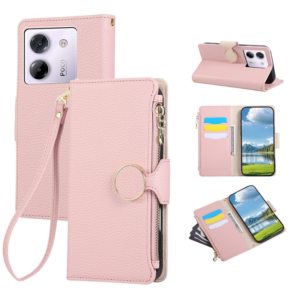 For Xiaomi Poco M7 Pro 5G Case Zipper Wallet Leather Phone Cover with Wrist Strap