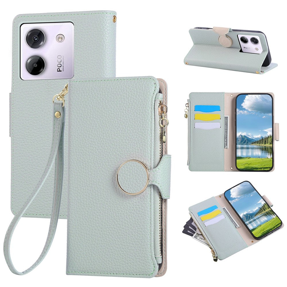 For Xiaomi Poco M7 Pro 5G Case Zipper Wallet Leather Phone Cover with Wrist Strap