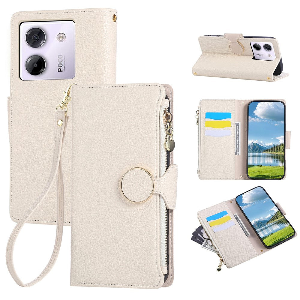 For Xiaomi Poco M7 Pro 5G Case Zipper Wallet Leather Phone Cover with Wrist Strap