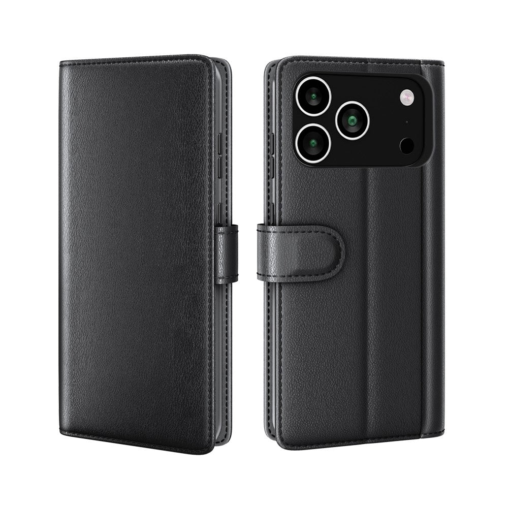 Til iPhone 18 Pro / 17 Pro cover i ægte splittet læder med pung og stander