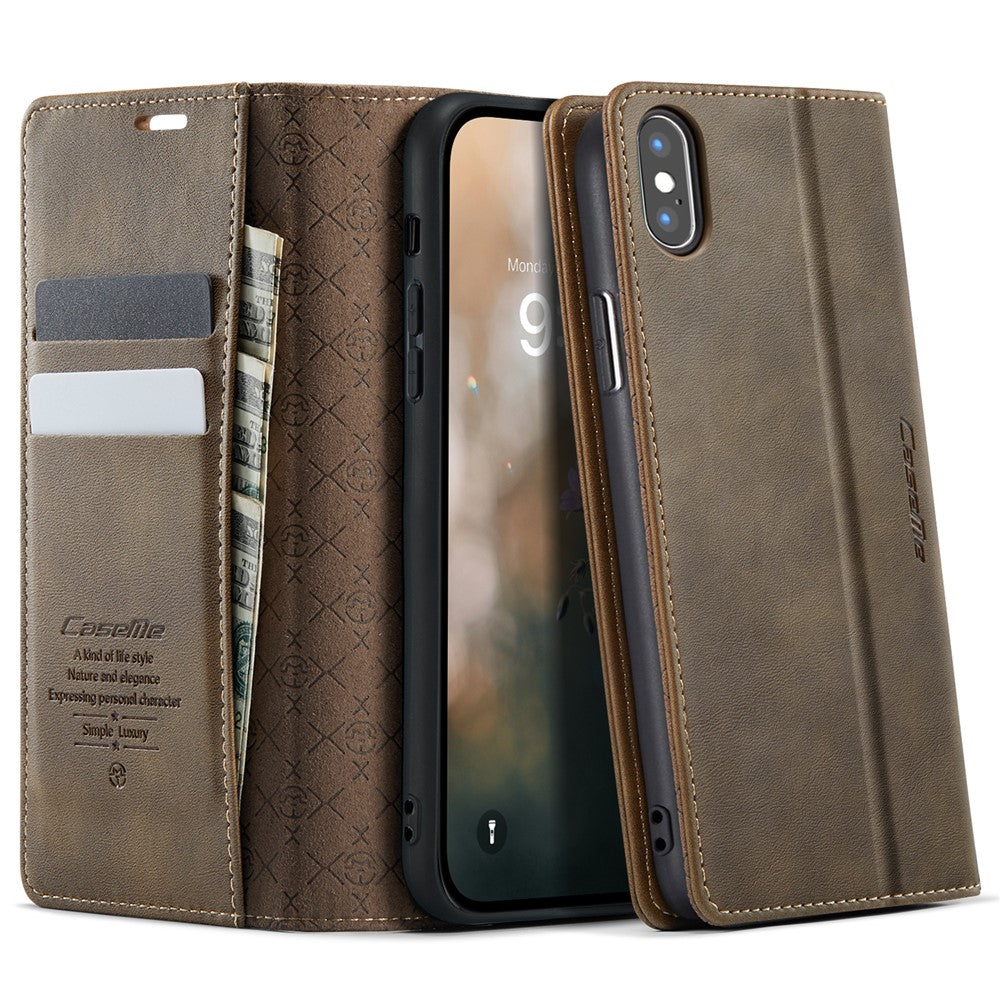 CASEME til iPhone XS Max 6,5 tommer cover 033-serien RFID-blokerende pungstativ kalveskindstekstur læder telefoncover