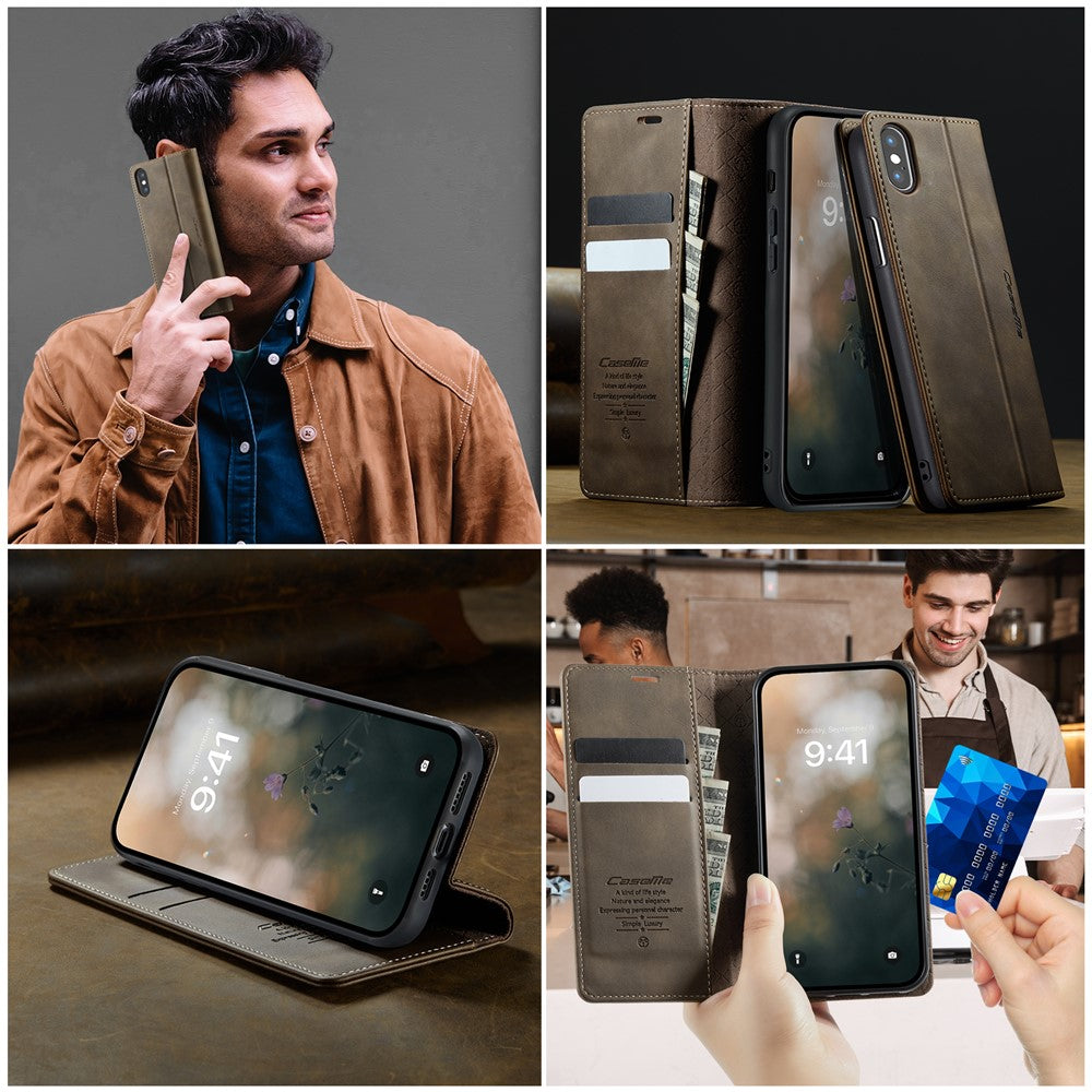 CASEME til iPhone XS Max 6,5 tommer cover 033-serien RFID-blokerende pungstativ kalveskindstekstur læder telefoncover