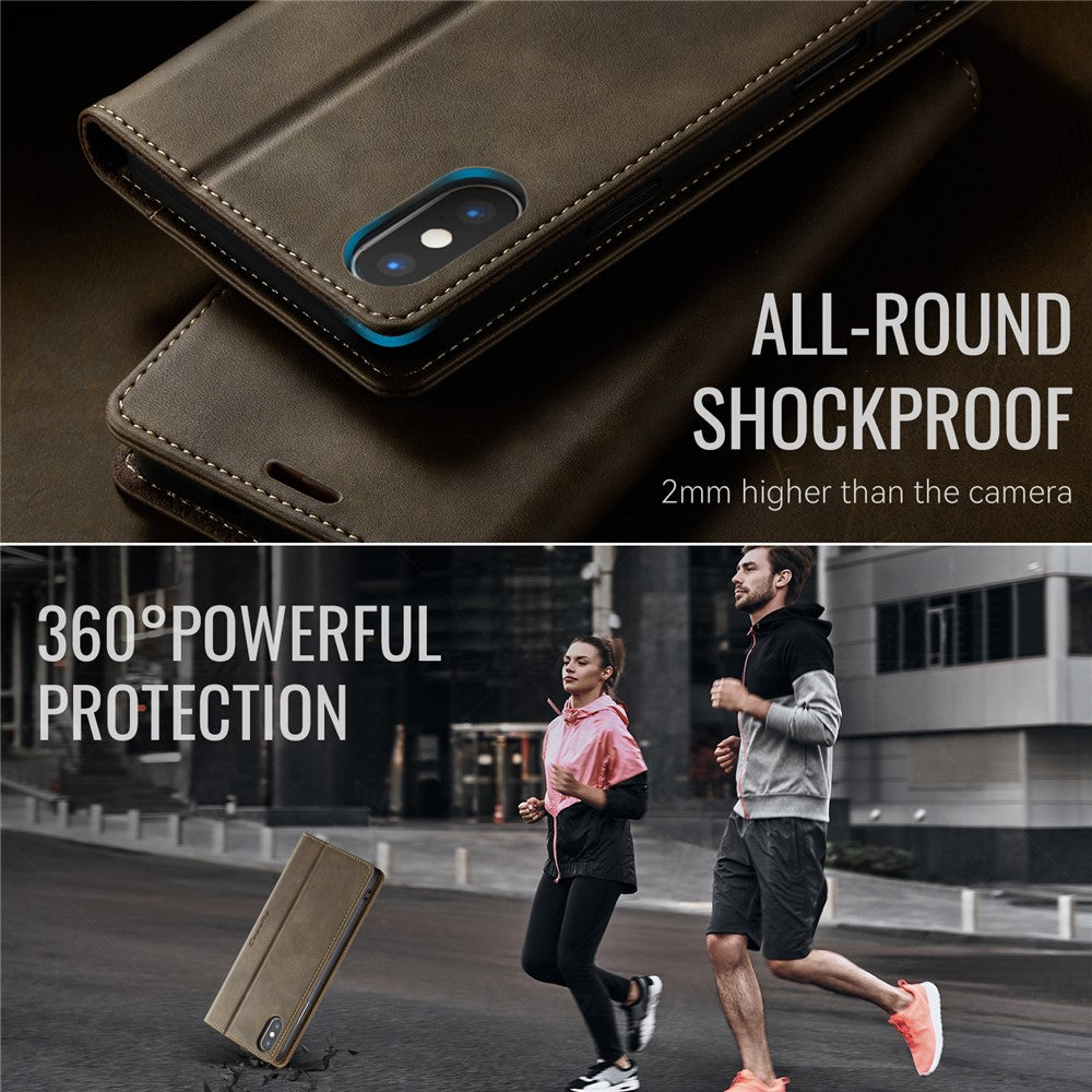 CASEME til iPhone XS Max 6,5 tommer cover 033-serien RFID-blokerende pungstativ kalveskindstekstur læder telefoncover
