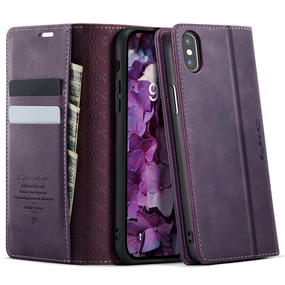 CASEME til iPhone XS Max 6,5 tommer cover 033-serien RFID-blokerende pungstativ kalveskindstekstur læder telefoncover