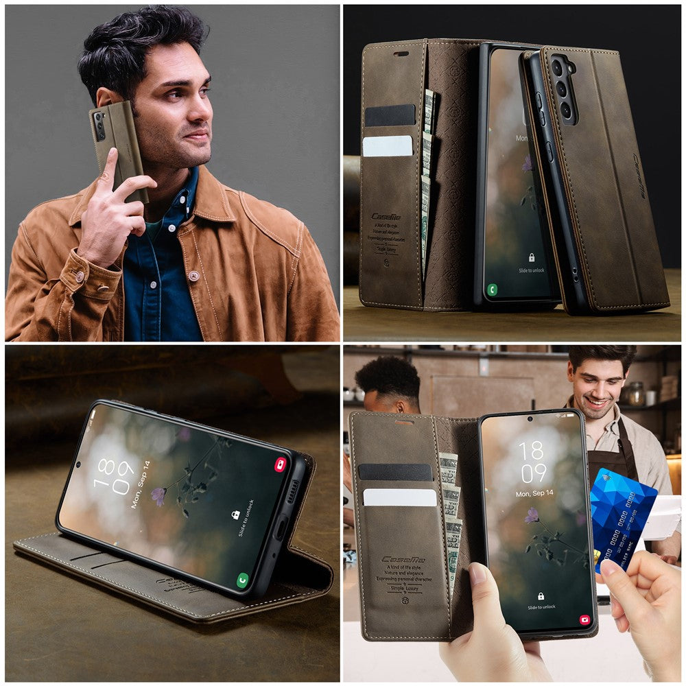 CASEME För Samsung Galaxy S21 5G Skal 033 Serien RFID-blockerande plånboksfodral med kalvstruktur i läder
