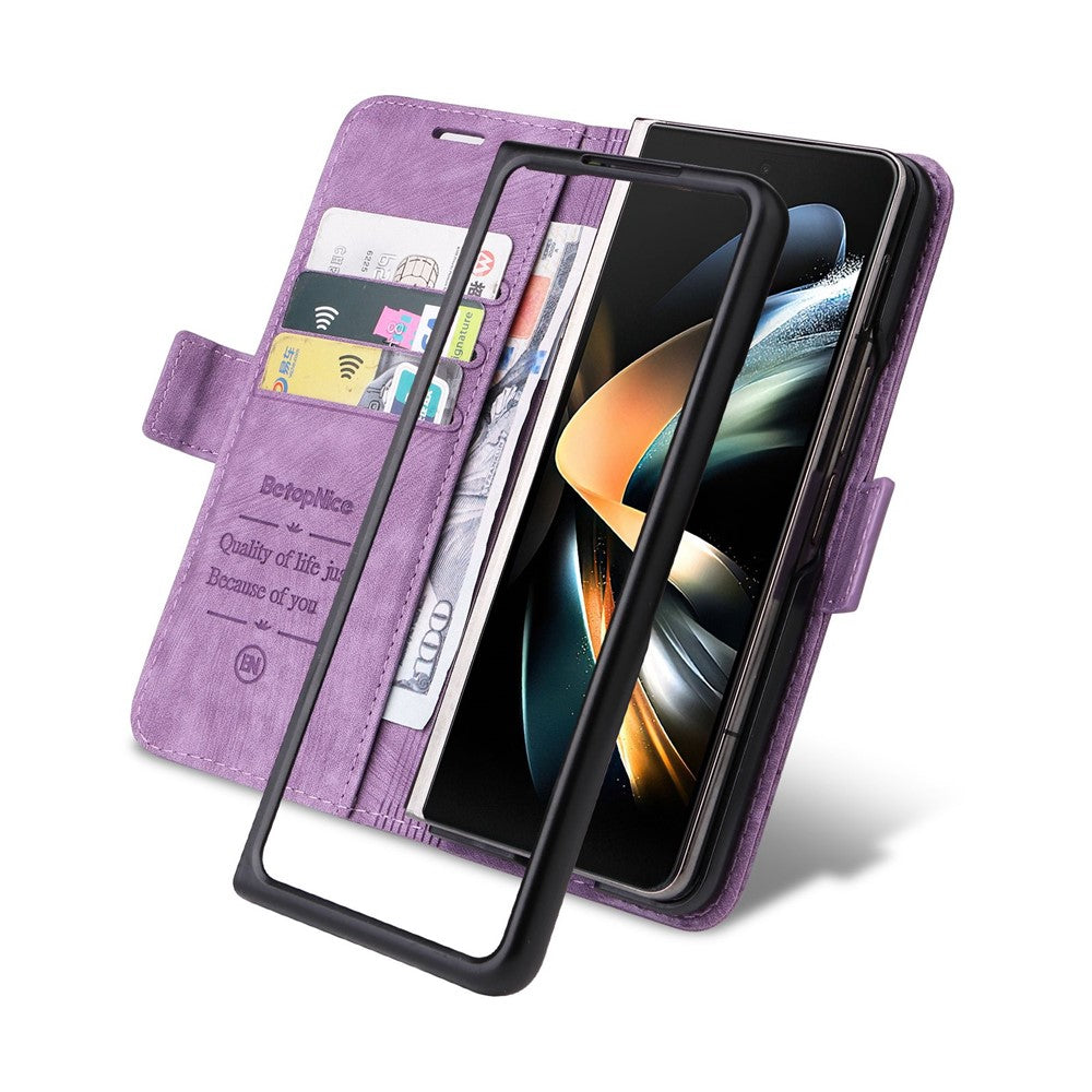 BETOPNICE 001 til Samsung Galaxy Z Fold4 5G, PU-læder med prægede syninger, dobbelt magnetisk spænde, pungcover med stativ