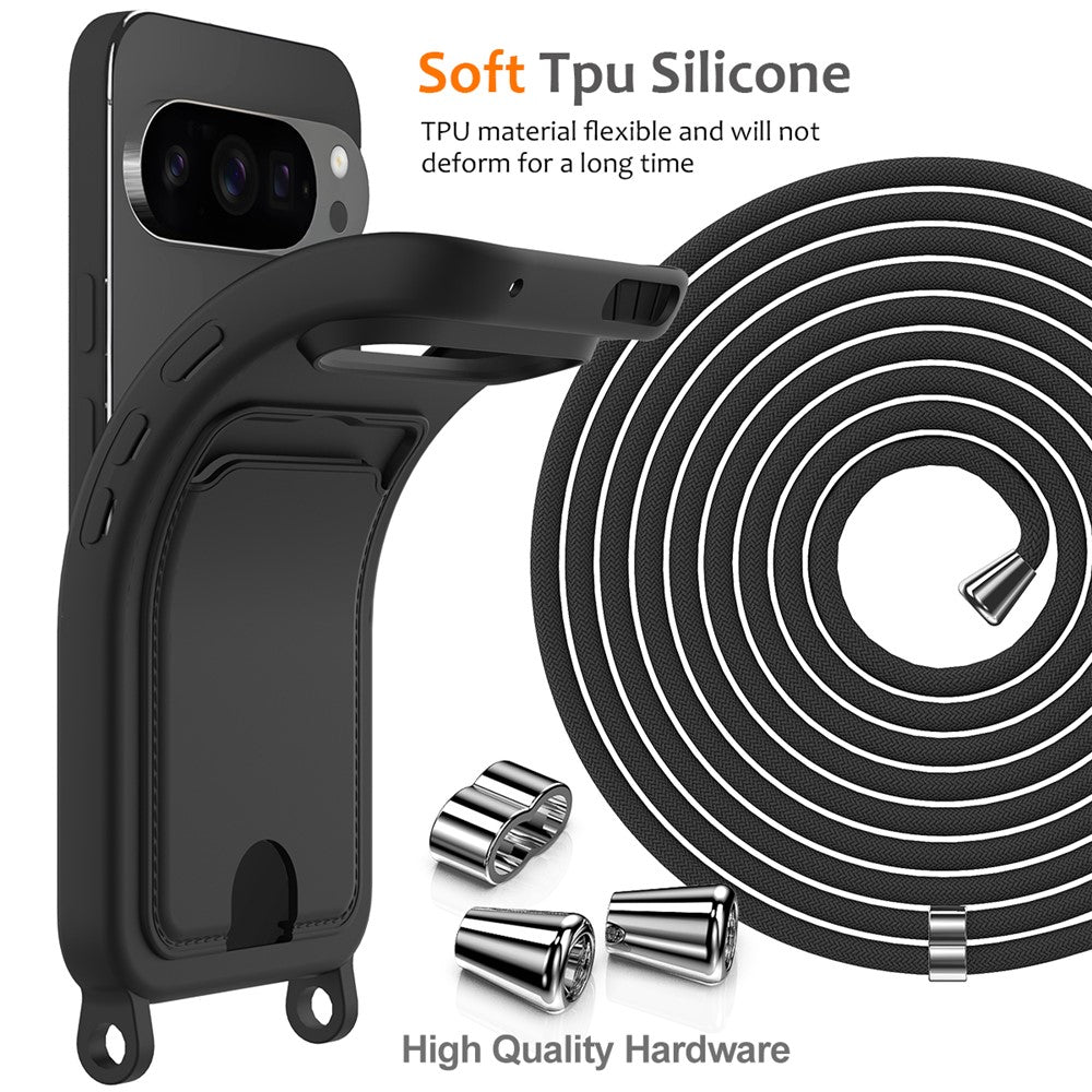For Google Pixel 10 Pro XL Case Liquid Silicone Card Holder Back Phone Cover with Lanyard