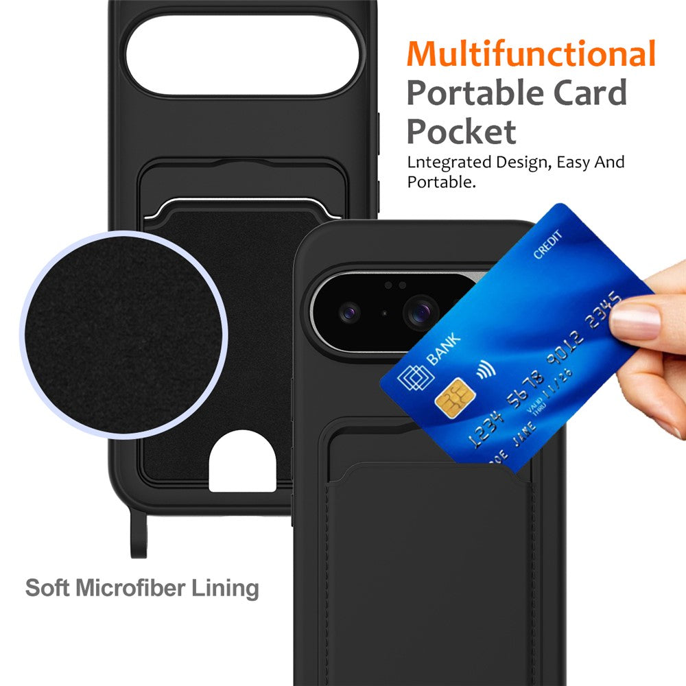For Google Pixel 10 Case Liquid Silicone Card Holder Back Phone Cover with Lanyard
