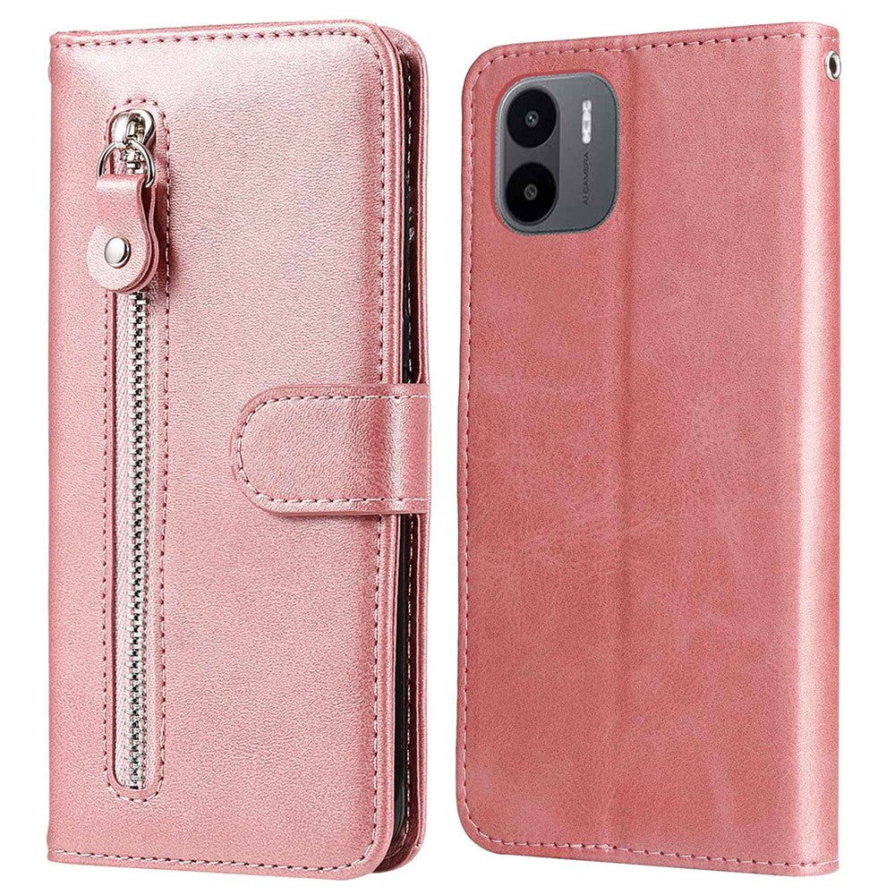 For Xiaomi Redmi A1 4G / A2 4G PU Leather Zipper Pocket Stand Phone Case Calf Texture Full Protection Wallet Inner TPU Cover