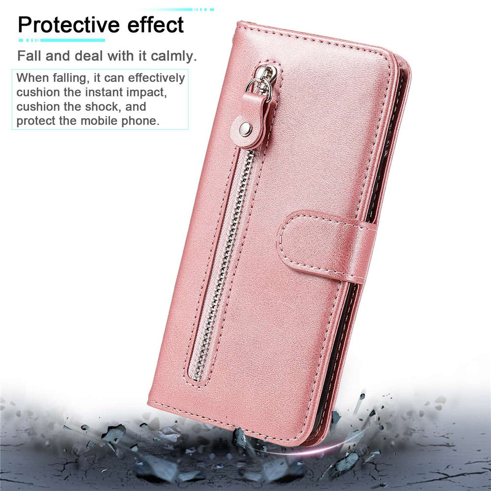 For Xiaomi Redmi A1 4G / A2 4G PU Leather Zipper Pocket Stand Phone Case Calf Texture Full Protection Wallet Inner TPU Cover