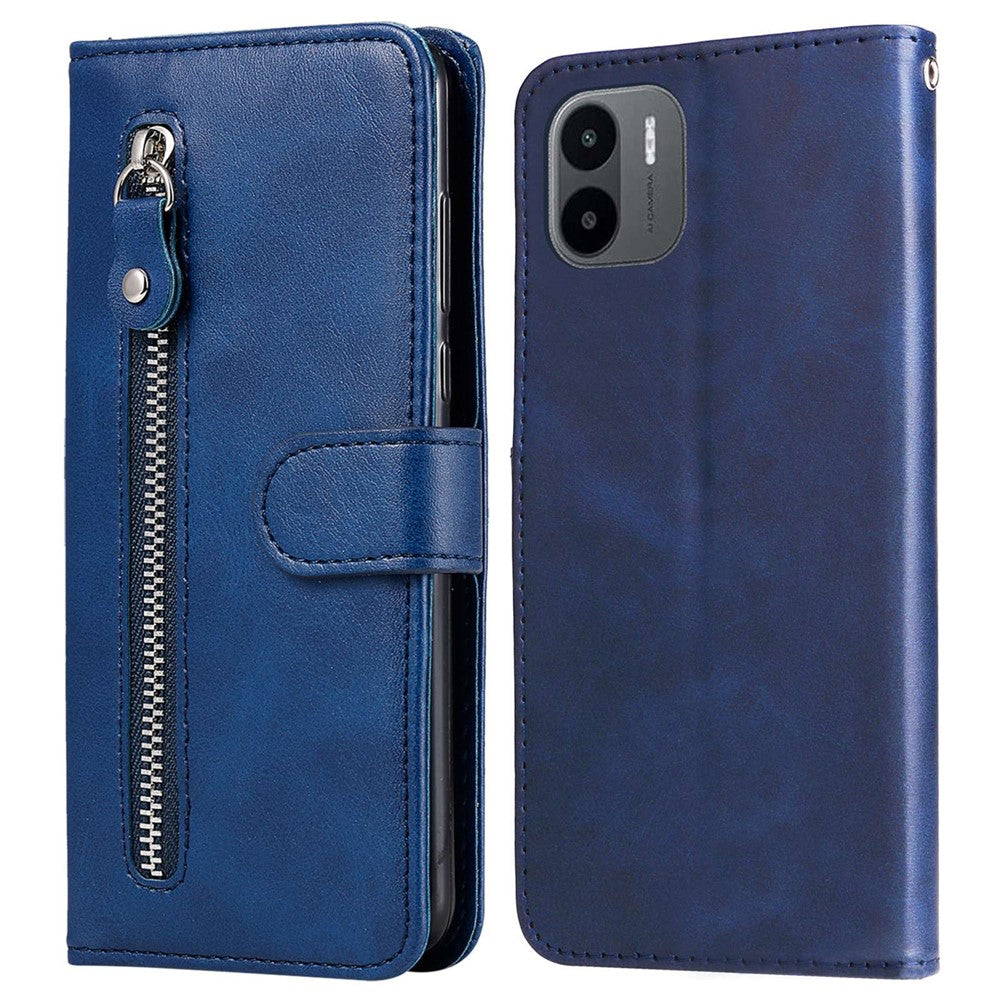 For Xiaomi Redmi A1 4G / A2 4G PU Leather Zipper Pocket Stand Phone Case Calf Texture Full Protection Wallet Inner TPU Cover