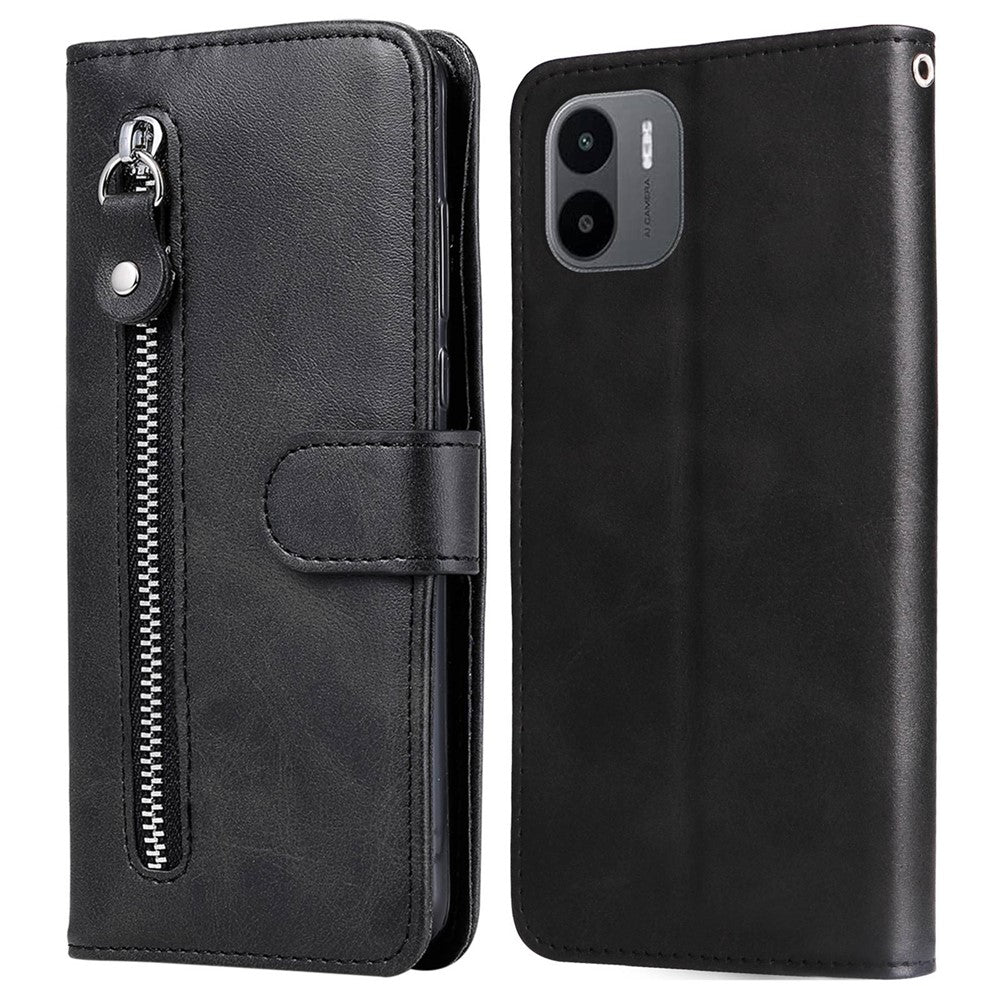 For Xiaomi Redmi A1 4G / A2 4G PU Leather Zipper Pocket Stand Phone Case Calf Texture Full Protection Wallet Inner TPU Cover