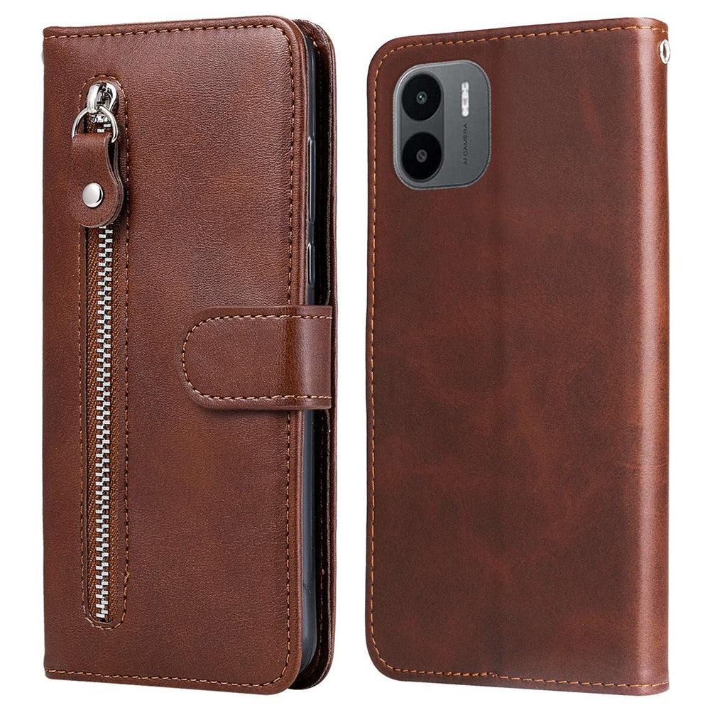 For Xiaomi Redmi A1 4G / A2 4G PU Leather Zipper Pocket Stand Phone Case Calf Texture Full Protection Wallet Inner TPU Cover
