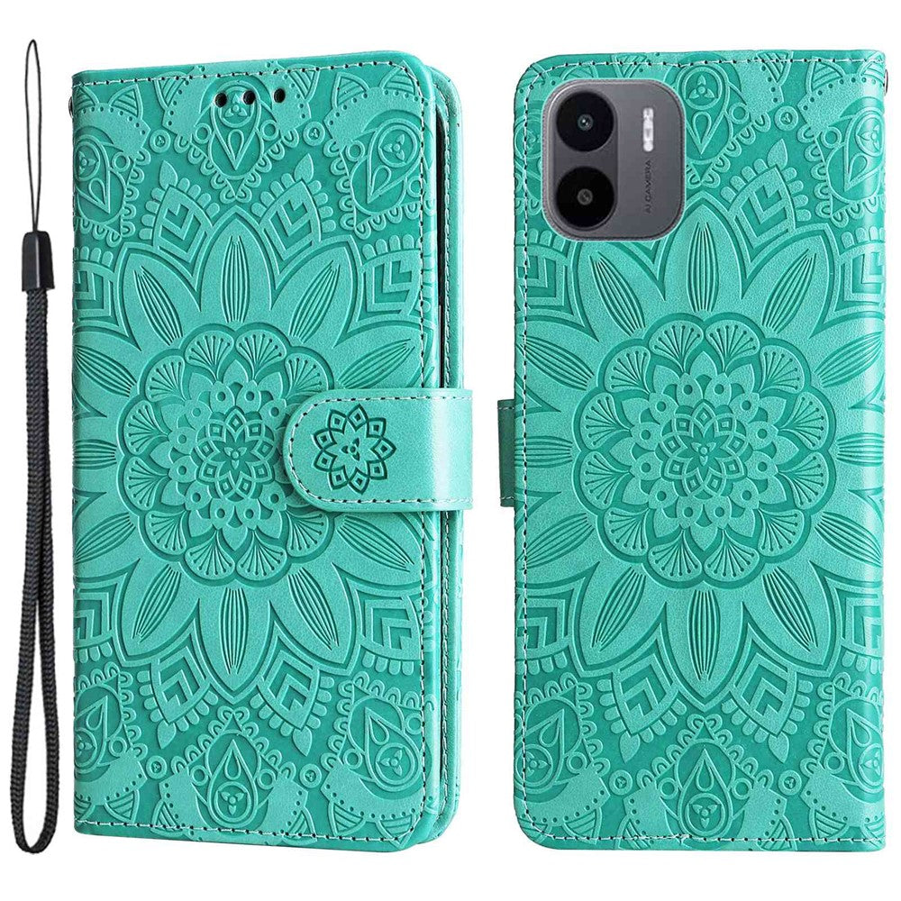For Xiaomi Redmi A1 4G / A2 4G Sunflower Imprinted PU Leather Wallet Case Foldable Stand Full Body Protection Cover with Hand Strap