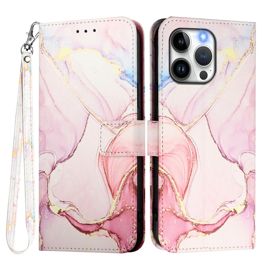 For iPhone 17th / 16th Case with Strap Marble Pattern Leather Phone Cover Card Holder