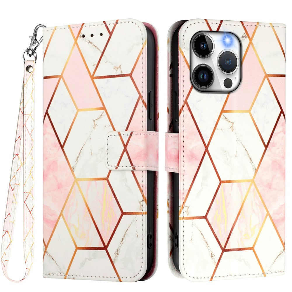 For iPhone 17th / 16th Case with Strap Marble Pattern Leather Phone Cover Card Holder