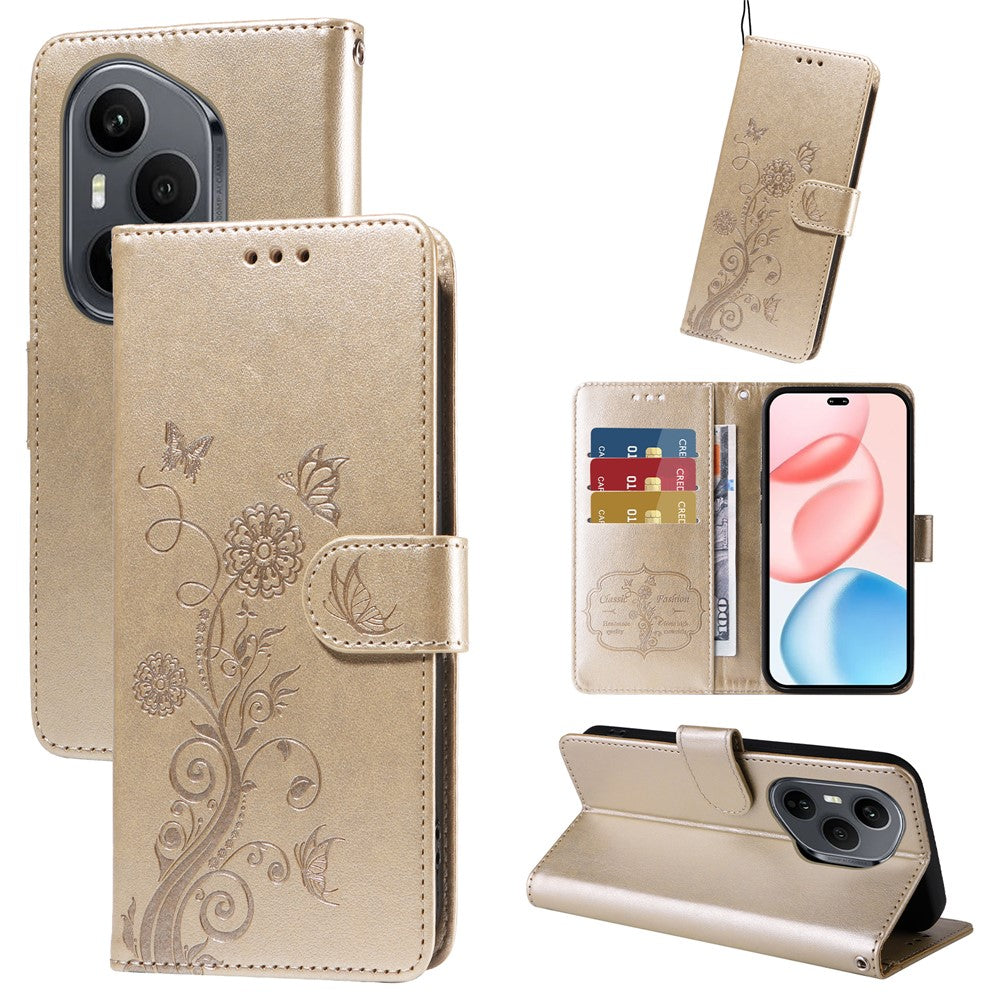 For Honor 400 Pro 5G (Global) Leather Case Butterfly Floral Imprint Wallet Stand Cover