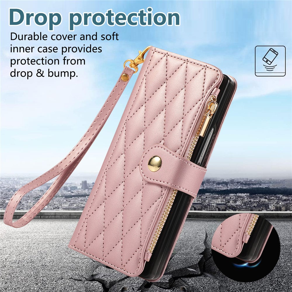 For Samsung Galaxy Z Fold6 5G Case Multi Card Slots Zipper Rhombus Leather Phone Cover with Wrist Strap