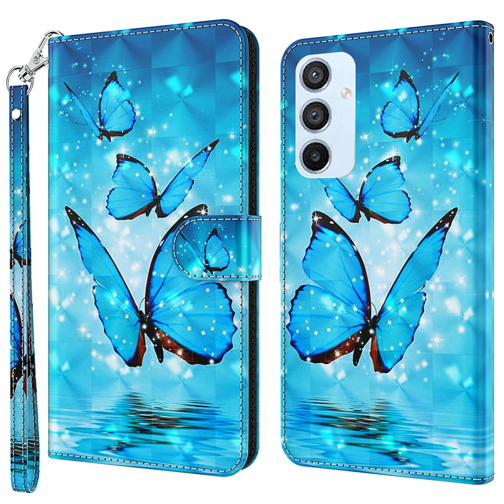 Samsung Galaxy A14 5G / A14 4G Stötsäkert PU-läderskal med 3D-mönster och tryck, plånboksfodral med rem