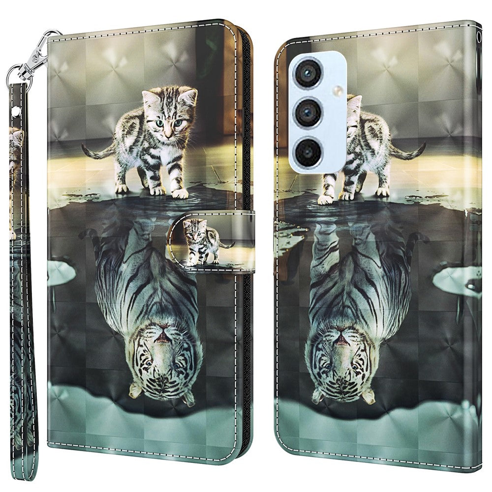 Samsung Galaxy A14 5G / A14 4G Stötsäkert PU-läderskal med 3D-mönster och tryck, plånboksfodral med rem