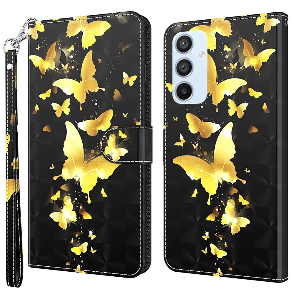Samsung Galaxy A14 5G / A14 4G Stötsäkert PU-läderskal med 3D-mönster och tryck, plånboksfodral med rem