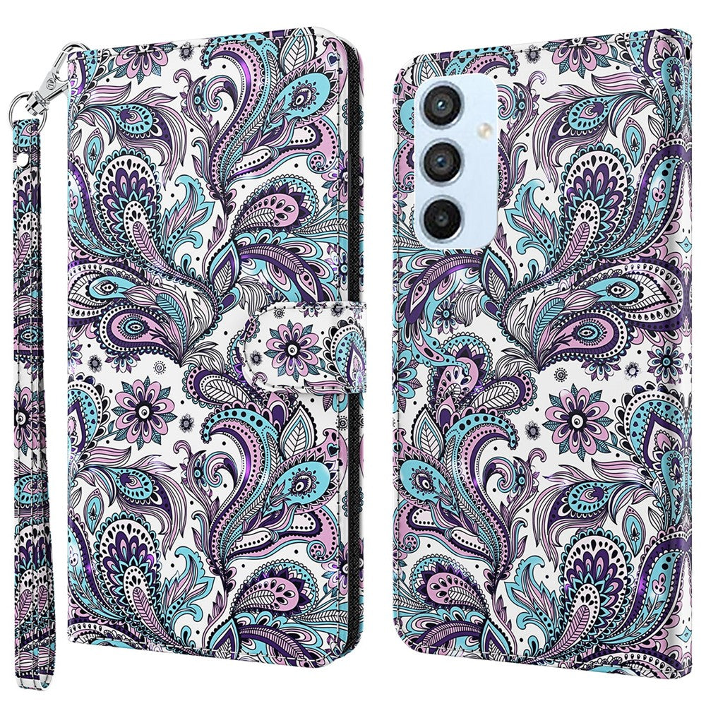 Samsung Galaxy A14 5G / A14 4G Stötsäkert PU-läderskal med 3D-mönster och tryck, plånboksfodral med rem