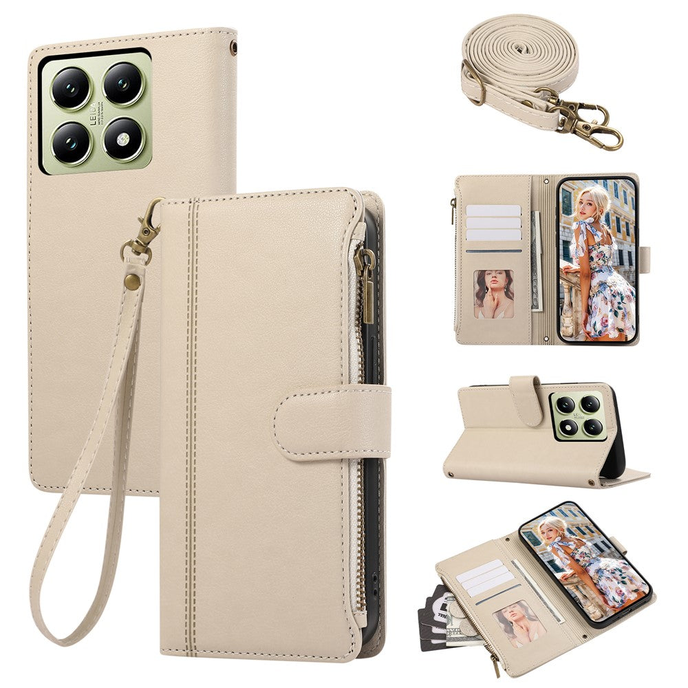 For Xiaomi 14T Case Multi Card Slots Zipper Leather Phone Cover with Shoulder Strap / Wrist Strap