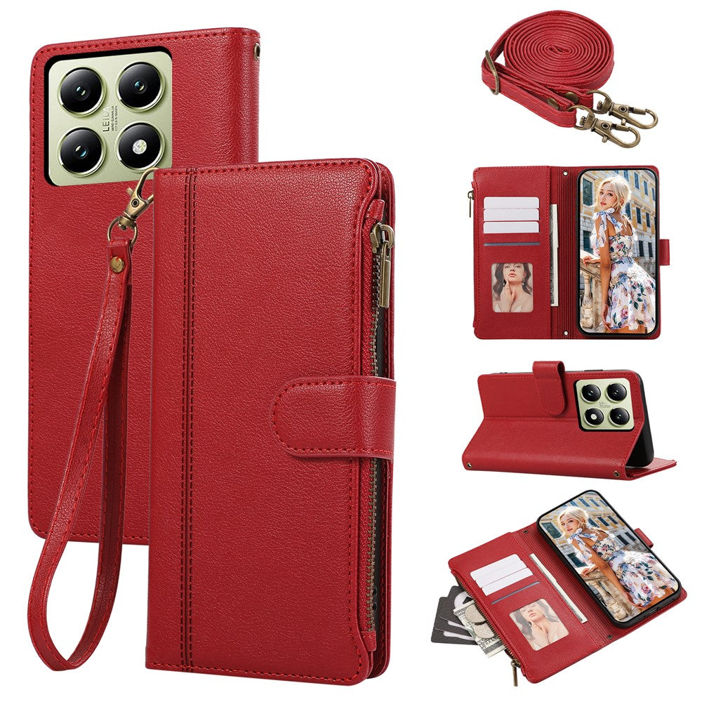 For Xiaomi 14T Case Multi Card Slots Zipper Leather Phone Cover with Shoulder Strap / Wrist Strap