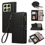 For Xiaomi 14T Case Multi Card Slots Zipper Leather Phone Cover with Shoulder Strap / Wrist Strap