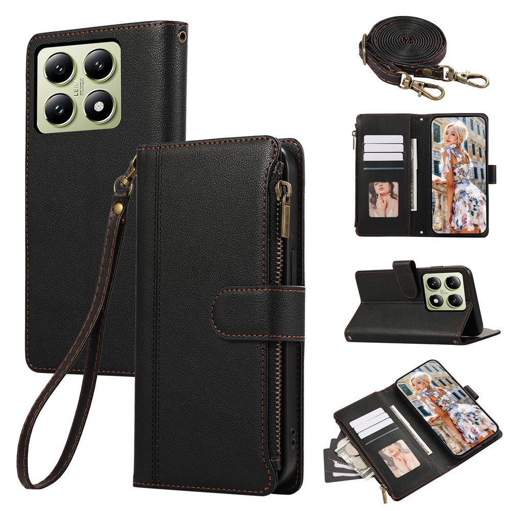 For Xiaomi 14T Case Multi Card Slots Zipper Leather Phone Cover with Shoulder Strap / Wrist Strap
