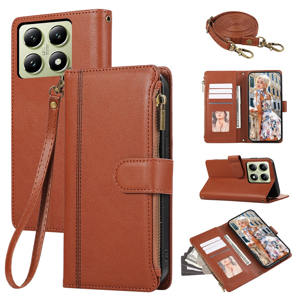 For Xiaomi 14T Case Multi Card Slots Zipper Leather Phone Cover with Shoulder Strap / Wrist Strap