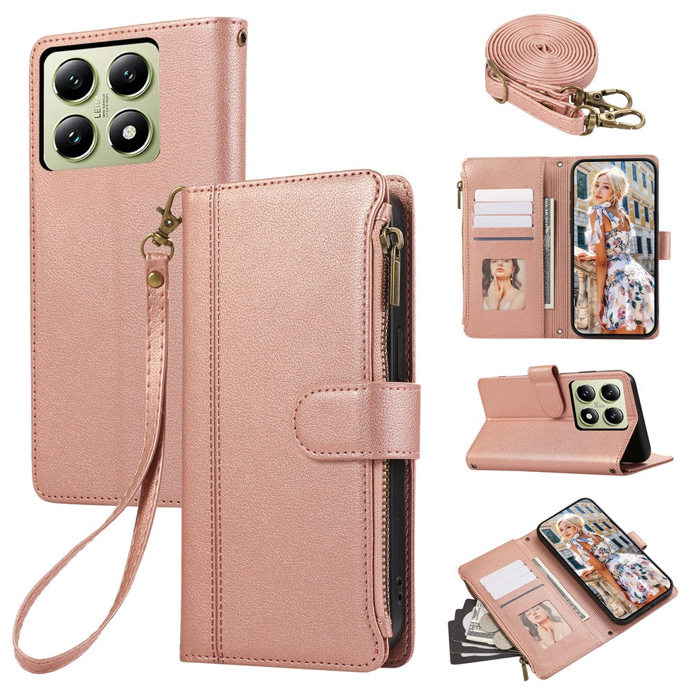 For Xiaomi 14T Case Multi Card Slots Zipper Leather Phone Cover with Shoulder Strap / Wrist Strap