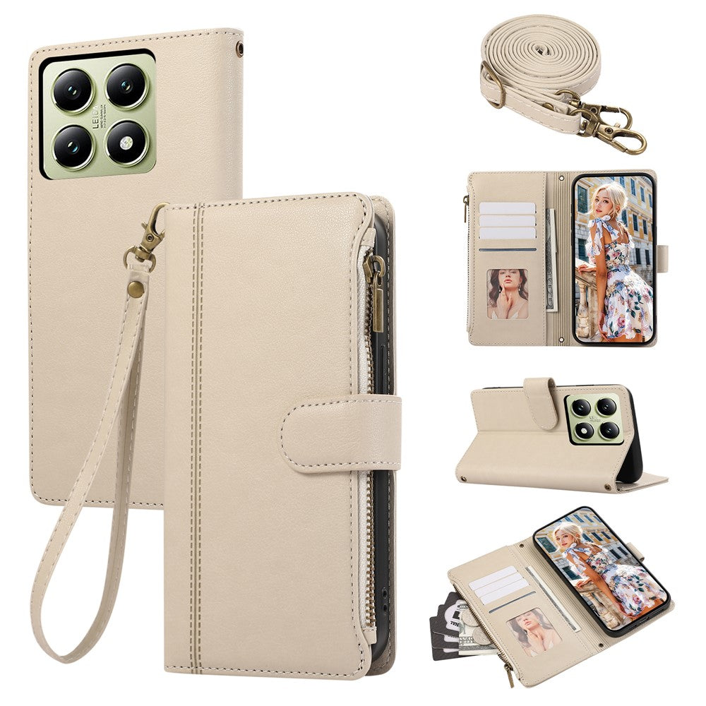 For Xiaomi 14T Pro Case Multi Card Slots Zipper Leather Phone Cover with Shoulder Strap / Wrist Strap