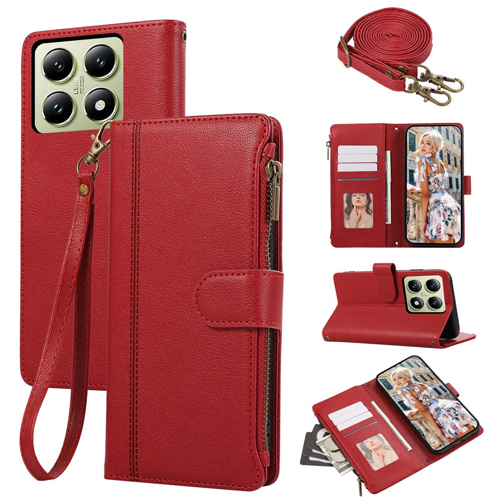 For Xiaomi 14T Pro Case Multi Card Slots Zipper Leather Phone Cover with Shoulder Strap / Wrist Strap