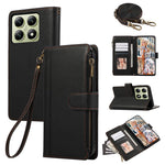 For Xiaomi 14T Pro Case Multi Card Slots Zipper Leather Phone Cover with Shoulder Strap / Wrist Strap