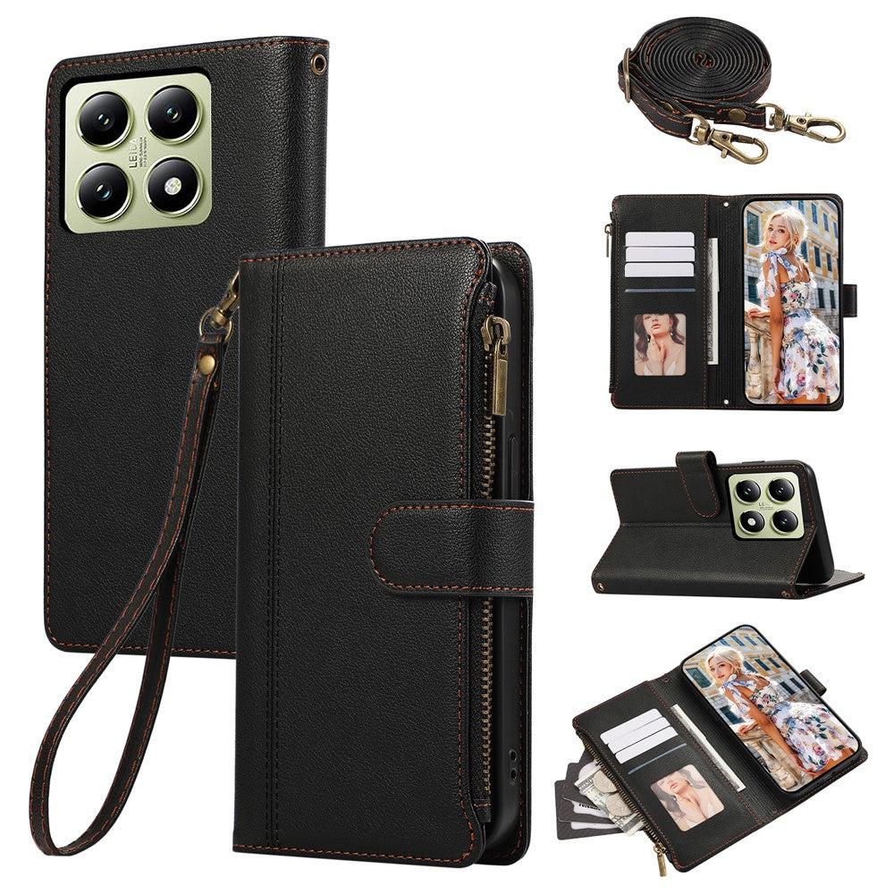 For Xiaomi 14T Pro Case Multi Card Slots Zipper Leather Phone Cover with Shoulder Strap / Wrist Strap