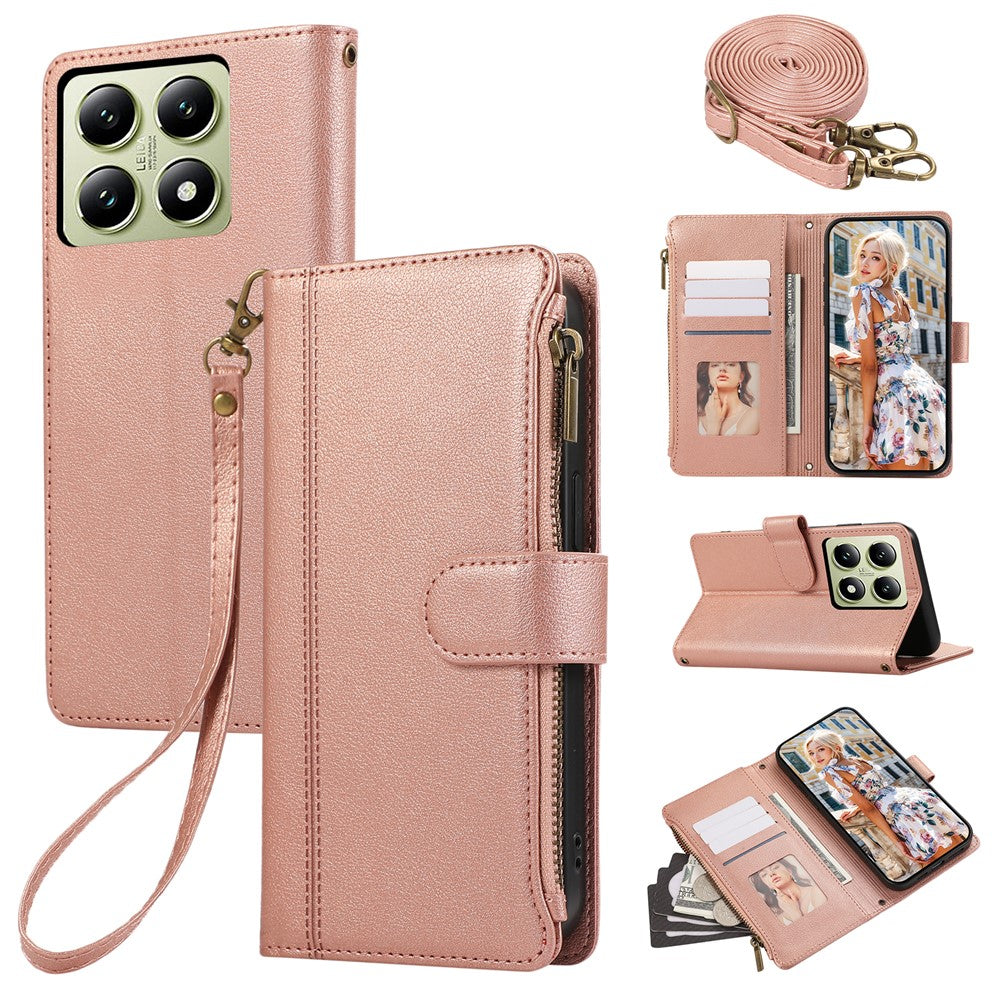 For Xiaomi 14T Pro Case Multi Card Slots Zipper Leather Phone Cover with Shoulder Strap / Wrist Strap