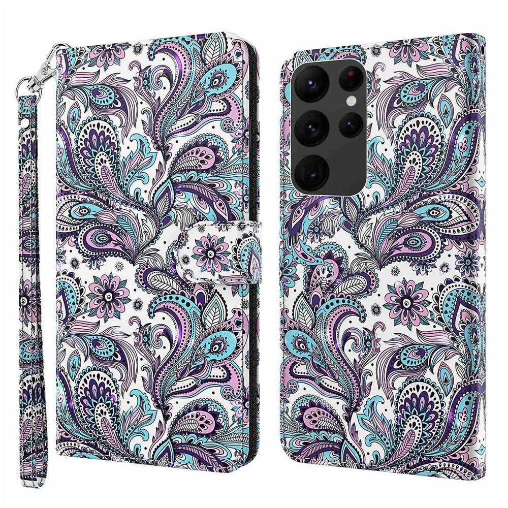 For Samsung Galaxy S23 Ultra PU Leather Full Protection Stand Case 3D Pattern Printed Phone Wallet Cover with Strap