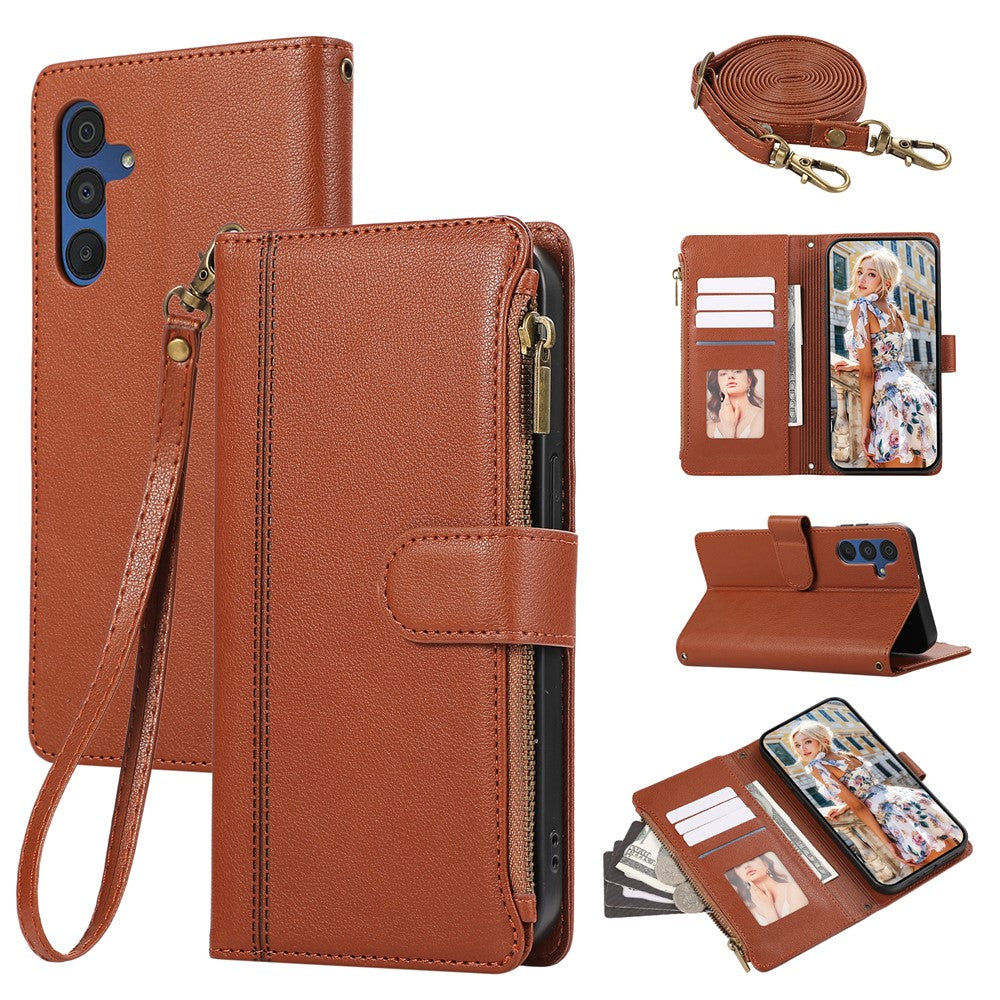 For Samsung Galaxy A56 5G Case Multi Card Slots Zipper Leather Phone Cover with Shoulder Strap / Wrist Strap