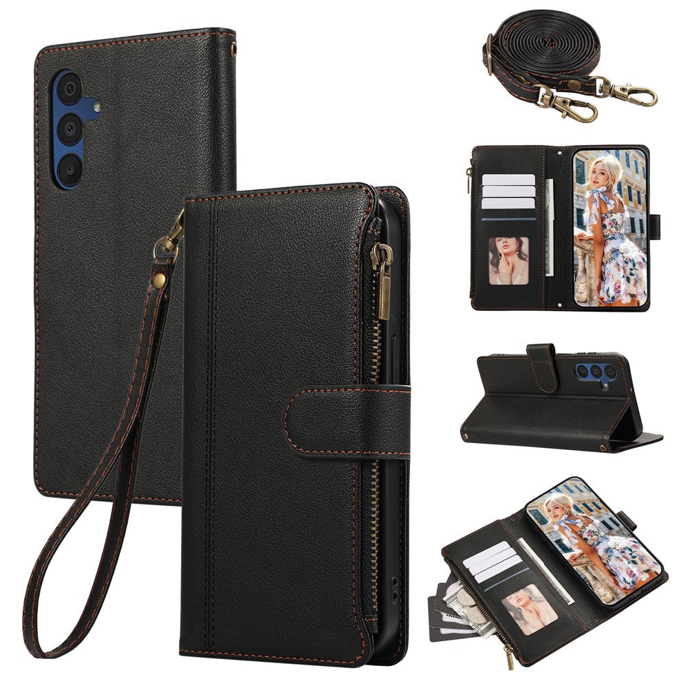 For Samsung Galaxy A36 5G Case Multi Card Slots Zipper Leather Phone Cover with Shoulder Strap / Wrist Strap