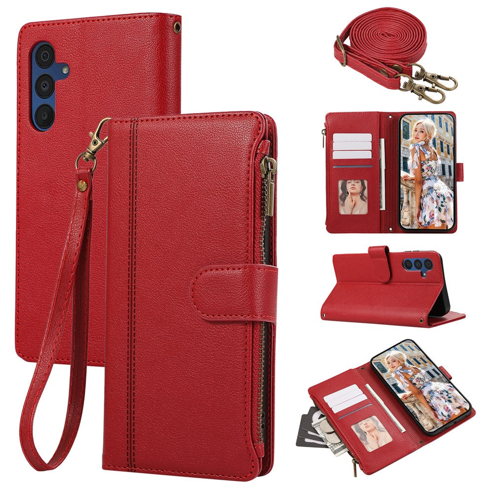 For Samsung Galaxy S25 / S24 Case Multi Card Slots Zipper Leather Phone Cover with Shoulder Strap / Wrist Strap