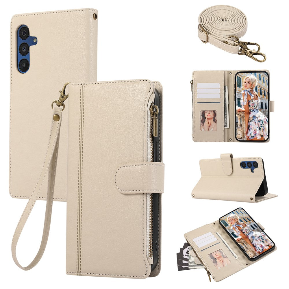 For Samsung Galaxy S25 / S24 Case Multi Card Slots Zipper Leather Phone Cover with Shoulder Strap / Wrist Strap