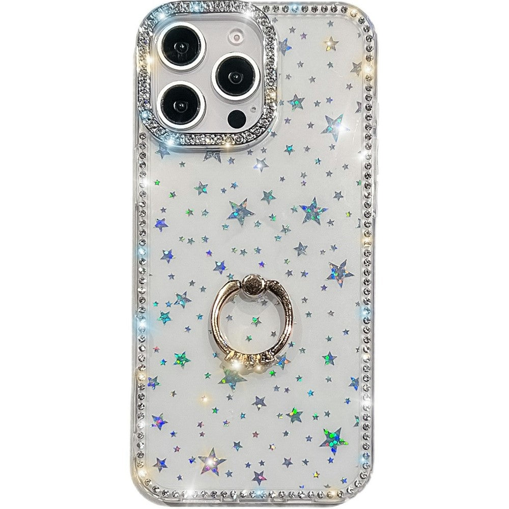 For iPhone 16 Pro Case with Ring Kickstand Rhinestone Edge TPU + PC IMD Phone Cover