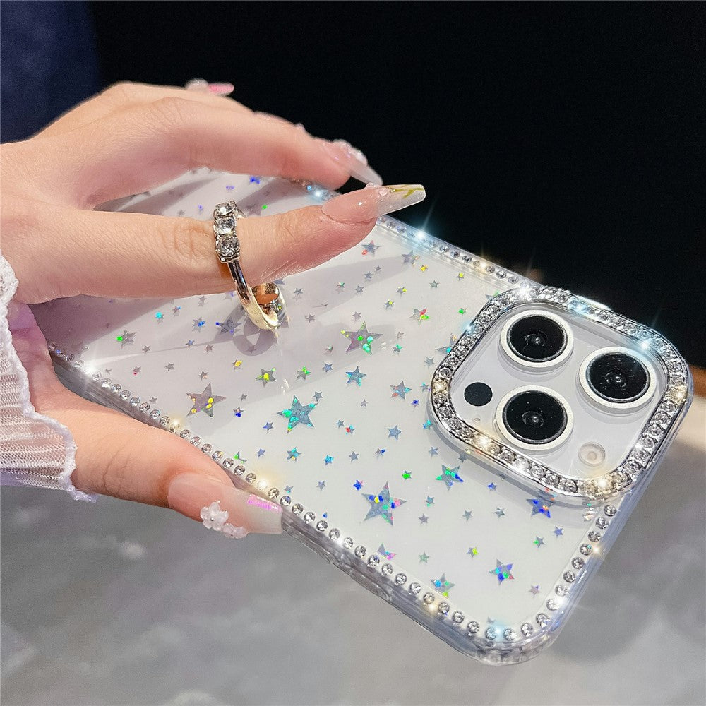 För iPhone 16 Pro Fodral med Ringstativ Strasskant TPU + PC IMD Telefonskal