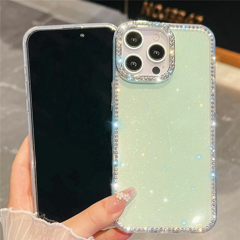 För iPhone 14 Pro Max skal Rhinestonekant Glitter baksida TPU + PC IMD telefonfodral