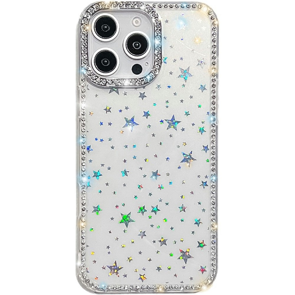 För iPhone 14 Pro Max skal Rhinestonekant Glitter baksida TPU + PC IMD telefonfodral