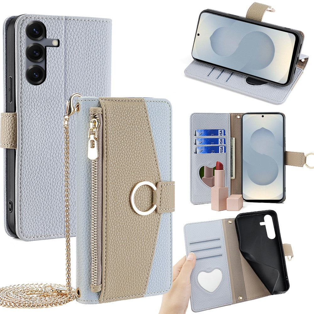Til Samsung Galaxy S25+ Cover Spejlpung Læder Telefoncover med Kæde Skulderrem