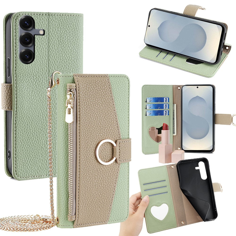 Til Samsung Galaxy S25+ Cover Spejlpung Læder Telefoncover med Kæde Skulderrem