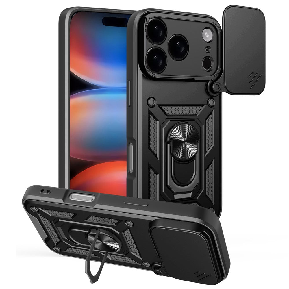 For iPhone 17 Pro Max Case with Slide Camera Lid PC + TPU Kickstand Phone Cover